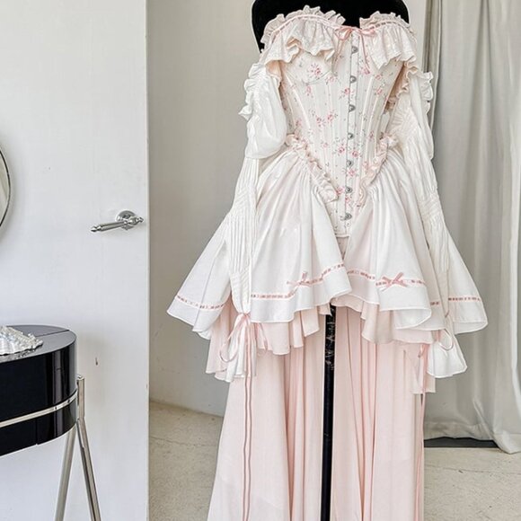 NWT White and Pink Floral Print Corset Top + Bloomers + Train Dress - Picture 8 of 9